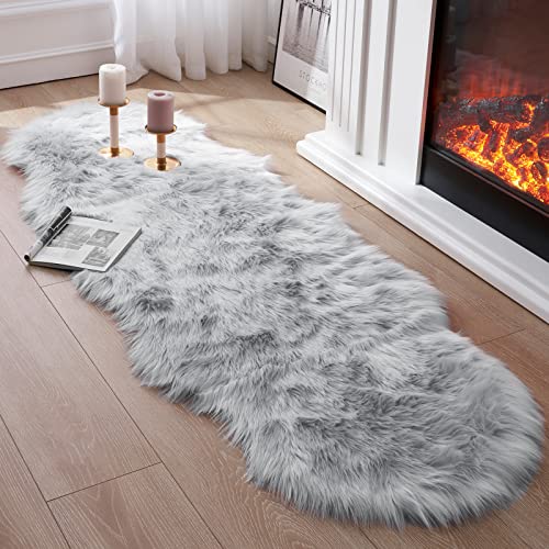 Faux Fur Rug for Bedroom, Gray Fluffy Rug Soft Sheepskin Runner Rug Sofa Couch Seat Cushion, 2x6ft Grey Plush Area Shag Rugs Floor Carpets for Nursery Bedside, Cute Shaggy Fuzzy Home Decor - color: Grey, size: 6' x 2' (Sheepskin)