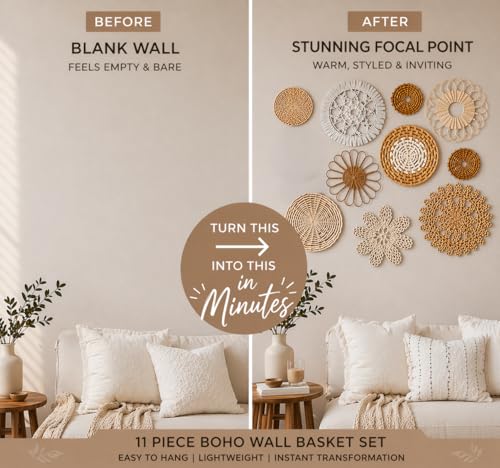 10 piece (Bohemian) Boho Wall Basket Decor – Handmade Woven Wall Baskets, Farmhouse Wall Art, Rustic Hanging Basket Set for Living Room, Bedroom & Kitchen Summer decoration - style: Bohemian
