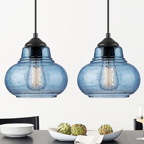 ELYONA 2 Pack Bubble Glass Pendant Lights 8 inch Modern Blue Hand Blown Globe Glass Pendant Lighting Hanging Light fixtures for Kitchen Island Dining Room Bar Bedroom Living Room - color: Blue-2 Pack