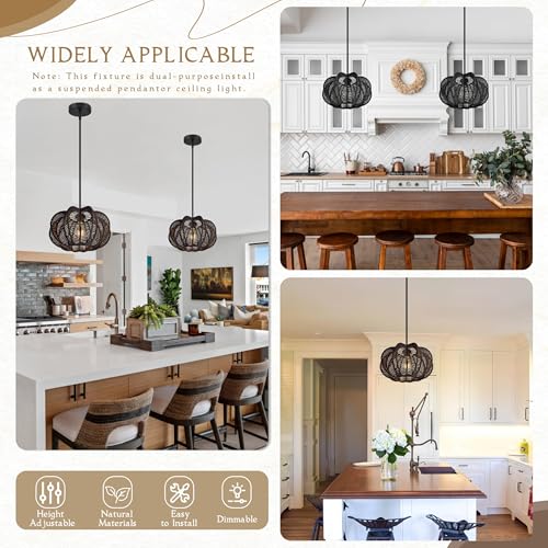 Black Rattan Pendant Light 12.6 in Rattan Light Fixture Wicker Chandelier Woven Pendant Light Boho Chandelier for Foyer - color: 12.5" Black