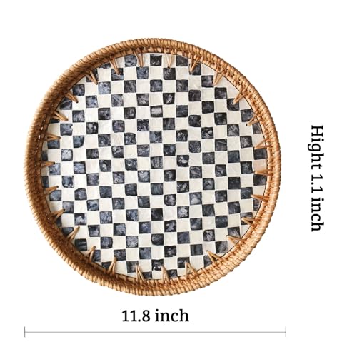 Round Rattan Tray with Mother of Pearl Inlay, Decorative Wicker Serving Tray with Wooden Base, Woven Basket Trays for Bread Fruits Coffee, Checkered - color: Checkered