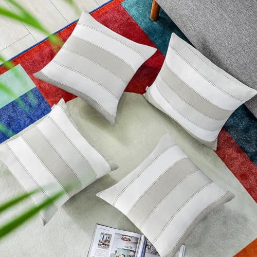 AmHoo Pack of 2 Farmhouse Stripe Check Throw Pillow Covers Set Case Cotton Linen Decorative Pillowcases Cushion Cover for Couch Bench Sofa 16x16Inch Light Grey Beige - color: Light Gray Beige, size: 16" x 16" (Pack of 2)