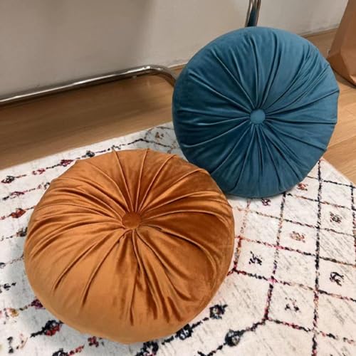 Round Throw Pillow, 13.7” Round Floor Pillow Pumpkin Pleated Round Pillow Cushion for Couch Dutch Velvet Decorative Throw Pillow for Sofa Chair Bed Living Room, Orange - color: Orange