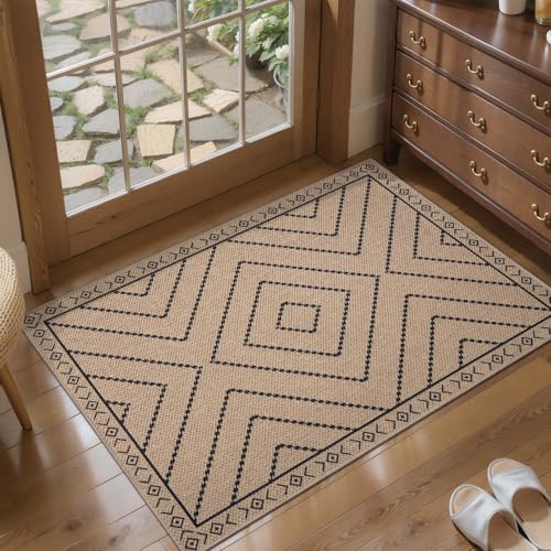Tangsoo Easy Jute Rug 2x3 Outdoor Rug,Washable Non-Slip Rug for Entryway,Neutral Geometric Ultra Thin Indoor Carpet Farmhouse Throw Mat for Kitchen Bedroom Front Door Entrance - color: Black Diamond, size: 2x3ft