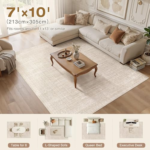 Nakagishi 7x10 Area Rugs Living Room: Washable Large Vintage Rug Neutral Non-Slip Soft Stain Resistant Indoor Carpet for Bedroom Nursery Dining Room Office Playroom - Beige - color: Beige, size: 7' x 10' (Rectangular)