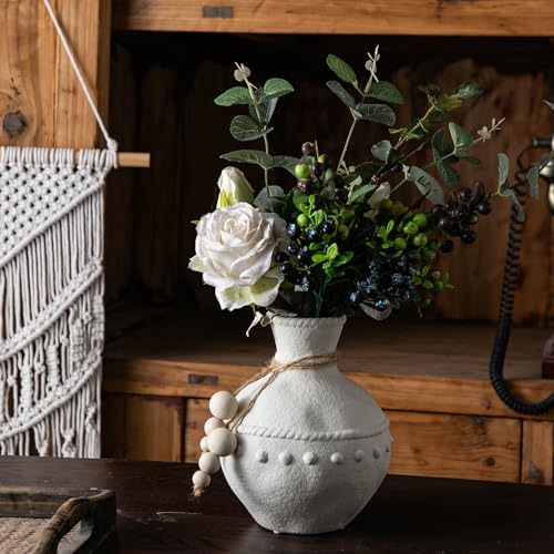 Mowtanco Rustic Ceramic Vase with Boho Wooden Beads, Matte Decorative Pottery for Modern Farmhouse and Bohemian Decor, Floral Arrangements, Living Room, Dining Table Centerpieces - color: White - Large