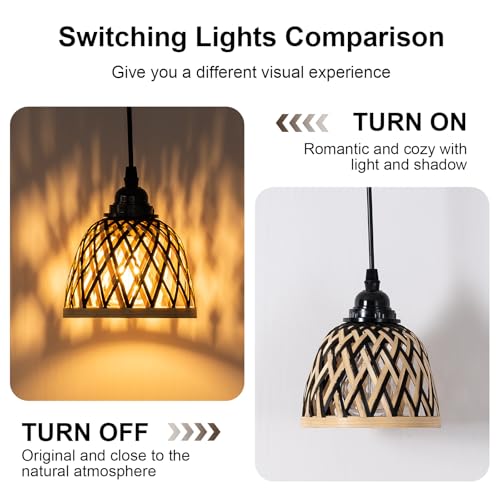 2 Pack Bamboo Chandelier/Dimmer, Waterproof Outdoor Pendant Light for Patio/Gazebo, Hand-Woven Boho Style, Battery Operated (No Wiring)