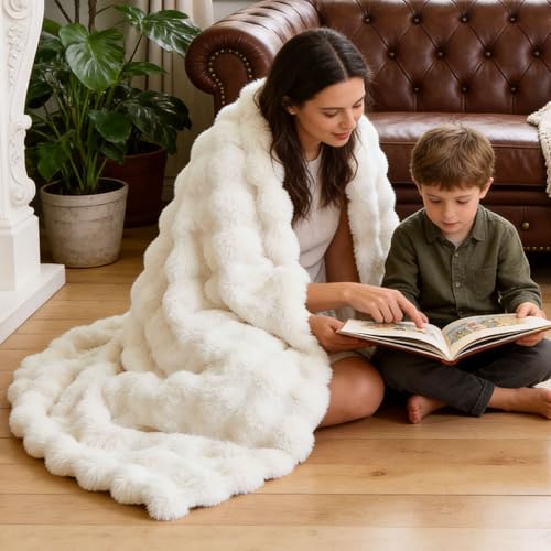 JONIYEAR Soft Fuzzy Oversized Bubble Faux Rabbit Fur Throw Blanket 60" x 70", Reversible Thick Warm Fluffy Blanket for Winter, Luxury Cozy Puffy Shaggy Furry Blankets for Bed, Twin Size, Cream White - color: Cream White - 900gsm, size: Twin Size - 60" x 7