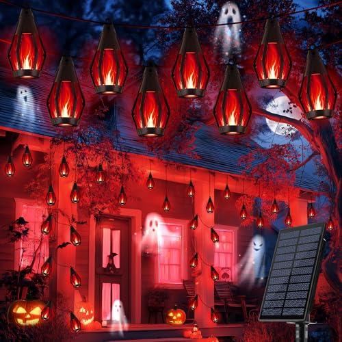 iBaycon Solar Halloween Lights, 27Ft 10 LED Bulbs Flickering Flame String Light, Outdoor Waterproof Solar Flame Lights for Garden Yard Patio Halloween Decorations (Red) - color: Red, size: 27FT