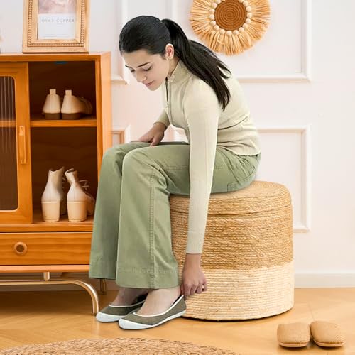 Wimarsbon 18'' Ottoman Pouf, Natural Braided Poof, Rustic Handweave Lounge Pouffe, Boho Footrest Stool for Bedroom, Accent Table for Living Room (Stoage - 18inch Cattail+Beige Corn Husk L) - color: Stoage - 18inch Cattail+beige Corn Husk L