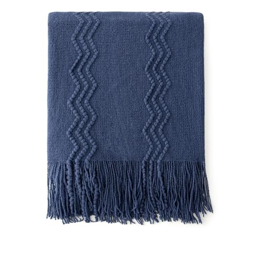 MIULEE Navy Blue Knitted Throw Blanket for Couch Textured Knit Blanket with Tassels Cozy Woven Boho Bed Blanket for Sofa Bed Chair Acrylic Wave Pattern 50"x60" - color: Navy Blue, size: 50" x 60"