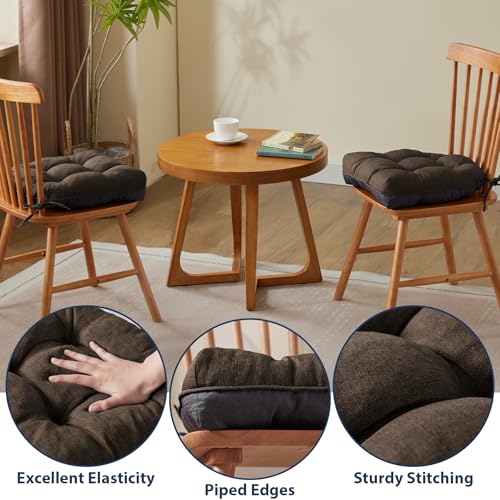 IASEAHK Chair Cushions for Dining Chairs, Seat Cushions for Kitchen Chairs, Indoor Seat Cushions with Ties, Tufted Foam Chair Pads, Non Slip Chair Cushions Set of 6, 15.5" x 15.5" x 4", Brown - color: Brown, size: Pack of 6