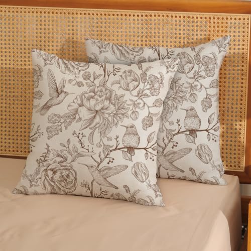 Chinoiserie Brown Throw Pillow Covers 18x18 Inch 2 Pcs Vintage Brown Floral Bird Outdoor Decor Pillow Covers Flower Spring Fall Seasonal Decorative Pillowcase Linen Cushion Cover for Couch Sofa - color: Brown Floral Bird, size: 18" x 18" (Pack of 2)