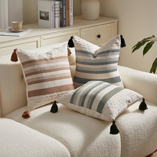 Boho Throw Pillow Covers with Tassels Woven Set of 2, 18x18 Inch Striped Textured Couch Throw Pillows for Couch Bed Sofa Bedroom Modern Funky (Light Brown, 18"x18"(Pack of 2)) - color: Light Brown