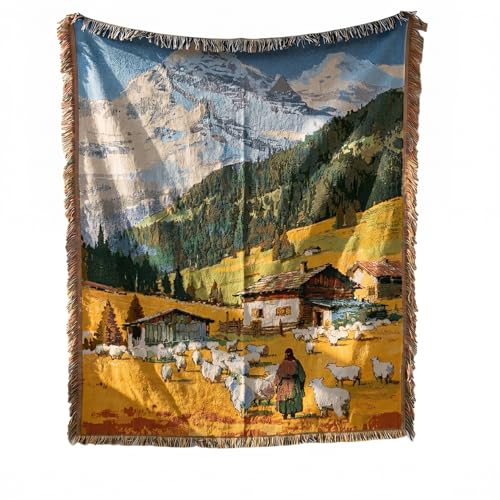 Mountain Cottage Woven Throw Blanket,Wall Hanging with Fringe 51x63 Inch | Meagtlva Jacquard Tapestry Cotton Blend Rustic Cabin Decor,Vintage Wall Hanging Tapestry for Livingroom Bedroom Sofa Bed - color: Alpine Village Sheep Meadow