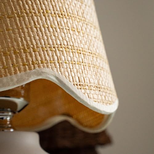 11" Small Mini Boho Table Lamp – Handmade Ceramic Cream Base with Scallop Woven Rattan Shade, Dimmable Plug-In Accent Light for Bedroom, Nightstand, Small Spaces, Kitchen Counter, Bookshelf - color: Airy Scallop Rattan Shade