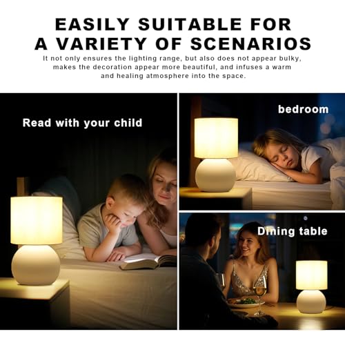 Modern White Small Table Lamp with Cotton Linen Shade, 6.2×6.2×10.4 inch LED Desk Light, One-Button Switch for Bedroom, Living Room, Nightstand, Includes Warm Light Bulb - color: White, size: Pack of 1