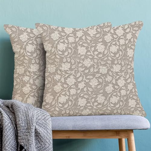 Floral Throw Pillow Covers 18x18 Set of 2, Flower Print Linen Decorative Pillow Cover Neutral Vintage Decoration Outdoor Cushion Cover Neutral Floral Pillowcase for Sofa Couch Farmhouse Room - color: Floral Neutral, size: 18" x 18" (Pack of 2)