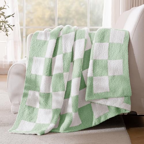 Exclusivo Mezcla Checkered Twin Size Knit Blanket for Bed, Ultra Soft and Warm Reversible Woven Blankets, Cozy Snuggly Throw for Couch Bed and Home Decor, Sage Green, 60"x80" - color: Sage Green, size: Twin (60"x80")