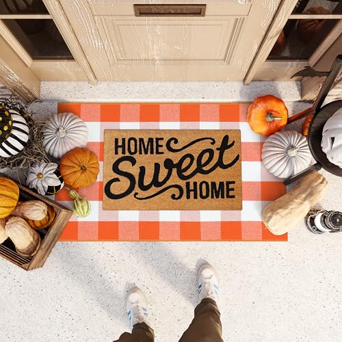 KIMODE Halloween Door Mat Outdoor 27.5"x43", Fall Decor Buffalo Plaid Outdoor Rug,Farmhouse Checkered Layered Welcome Door Mat for Entryway,Halloween Front Porch Decor,Orange and White - color: Orange/White, size: 2'4" x 3'7" (Rectangular)