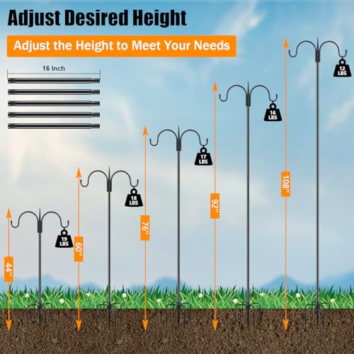 FEED GARDEN Heavy Duty Shepherds Hook 108" Double Hooks Adjustable (44/60/76/92/108") - Metal 5-Prong Base, 12lb Capacity - Easy Assembly Bird Feeder Pole for Hanging Planters, Lanterns, Wind Chimes - size: 108 Inch