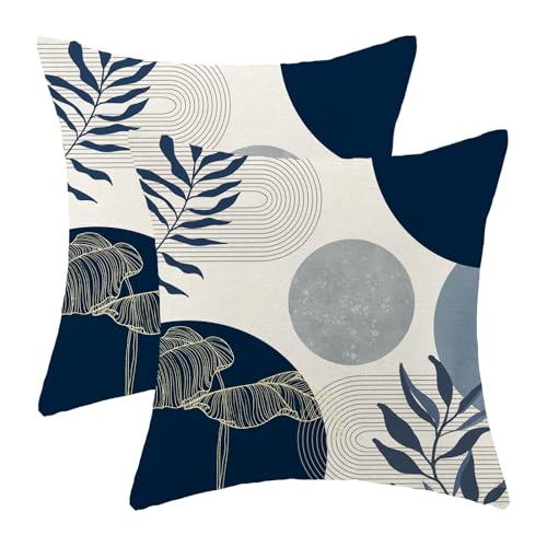 Boho Pillow Covers 18x18 Inch Set of 2 Mid Century Navy Blue Throw Pillow Covers Outdoor Decor Modern Abstract Tropical Leaf Pillowcase Farmhouse Decorative Square Cushion Cover For Sofa Couch - color: Boho-navy Blue-b, size: 18" x 18" (Pack of 2)