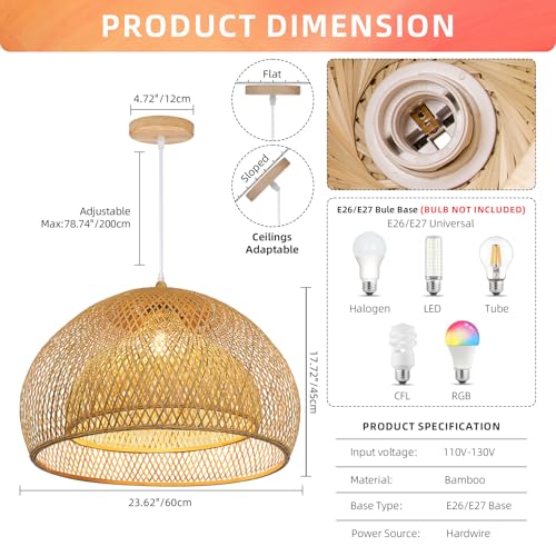 Arturesthome 23.6" Weaving Bamboo Pendant Light for Kitchen Island, Wicker Chandelier, Handmade Woven Hanging Ceiling Light Lampshade for Living Room Bedroom - size: B 23.6"*17.6"