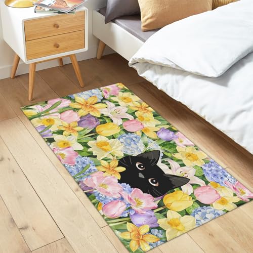 Floral Cat Spring Entryway Rugs 2x3 Summer Home Decor Doormat Small Non-Slip Low Pile Front Door Mat Washable Throw Rugs for Kitchen Bedroom Bathroom Holiday Decor - color: Floral Cat