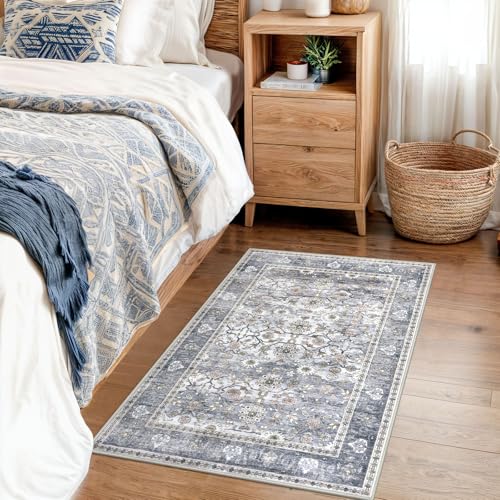 KUTA Vintage 2x3 Entryway Rug, Washable Kitchen Rugs & Ultra Thin Soft Throw Rug, Non-Slip Floral Distressed Print Grey Blue, Perfect for Front Door, Bedside, or Small Spaces - color: Grey Blue, size: 2' x 3' (Rectangular)