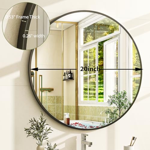 20 Inch Round Bathroom Mirror - Black Wall Mounted Circle Mirror with Metal Frame, Modern Round Hanging Mirror Suitable for Bathroom, Vanity, Entryway, Living Room - color: Black, size: 20"L x 20"W