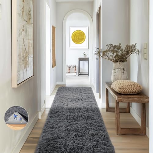 Ophanie Runner Rug for Hallway,2x7 Washable Non-Slip Fluffy Soft Bedside Rugs,Bedroom Living Room Shaggy Carpet for Kids Girls Boys Dorm Nursery Home Decor Aesthetic Grey with Over 99 pcs Pile fibers - color: 1- Grey, size: 2' x 7' (Rectangular)