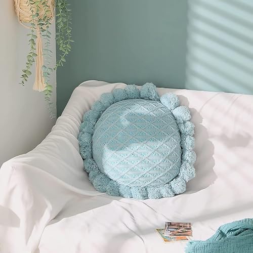 Byitre Bohemian Round Pillow 20 Inch | 100% Cotton Decorative Pillow Hand Tufted with Chunky Textured Poms | Boho Throw Pillow for Bed or Couch | Natural Light Blue Throw Pillow - color: Lattice Light Blue