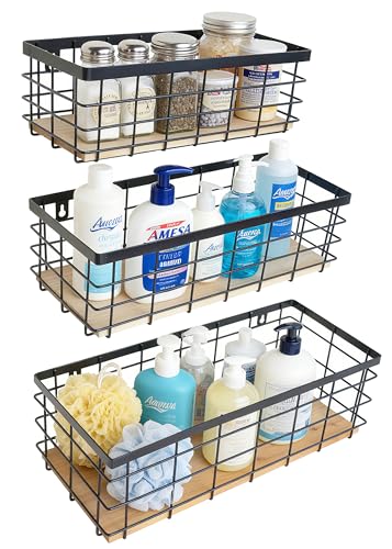 ShabbyDecor Metal Wire Basket Detachable Wood Base Storage Organizer Farmhouse Hanging Basket for Kitchen Cabinets, Bathroom, Pantry, Laundry Room Set of 3,Black Color - color: Black, size: Small&Medium&Large