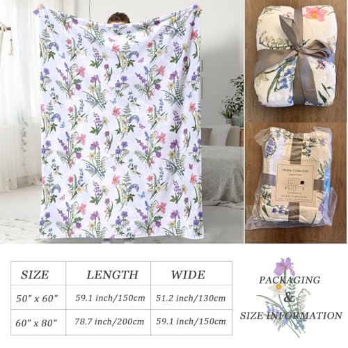 Spring Floral Flower Throw Blanket Wildflower Butterfly Blankets Green Plant Leaf Flannel Fleece Bed Blanket Soft Cozy Fuzzy Throw Blanket for Women Couch 50” x 60” - color: Purple, size: 50" X 60"