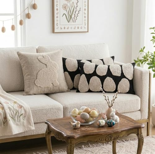 Zealax Black Cream 12x20 Pillow Cover, Cute Easter Throw Pillow Covers Neutral Decorative Lumbar Pillow Cases, Modern Accent Tufted Oblong Pillow Woven Sham for Couch Bed Living Room, 1PC - size: 20" x 12" (Pack of 1)