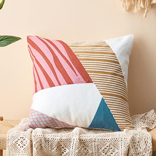 vctops Boho Geometric Tufted Decorative Throw Pillow Cover Farmhouse Cotton Embroidery Accent Square Cushion Case for Couch Sofa Bed (EmbroideryM, 18"x18") - color: Embroiderym, size: 18" x 18" (Pack of 1)