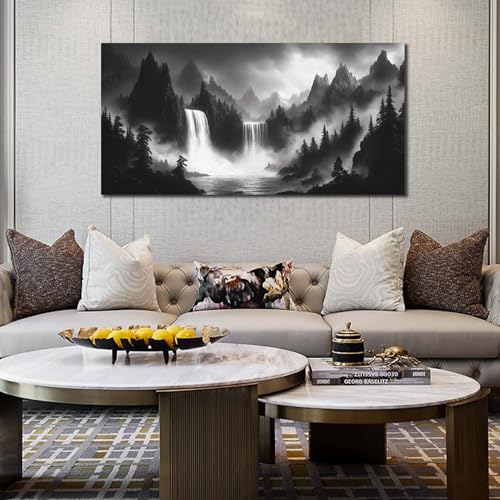 HUBOSKN Waterfall Pictures Wall Decor for Living Room - Mountain Wall Art for Office - Black and White Canvas Wall Art for Bedroom Size 24" x 48" - color: Black and White, size: 48"L x 24"W