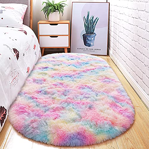 junovo Ultra Soft Washable Shaggy Rug - Non-Slip Oval Carpet for Nursery, Kids Bedroom & Home Decor (2x5ft Tie-Dye Rainbow) | Plush Fluffy Floor Mat for Cozy Living Spaces - color: Tie-dye Rainbow, size: 2' x 5'