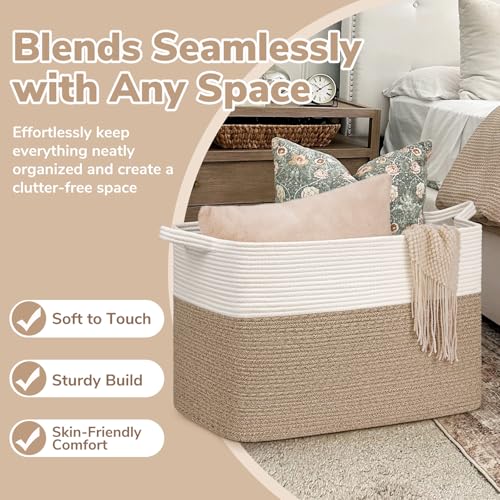 Goodpick Large Woven Blanket Basket 105L, 25"x16"x16" Cotton Rope Organizer for Toys, Dirty Clothes, Extra Large Rectangle Storage Basket for Living Room, Bedroom, White & Brown - color: White & Light Brown, size: XX-Large(25"L x 16"W x 16"H)