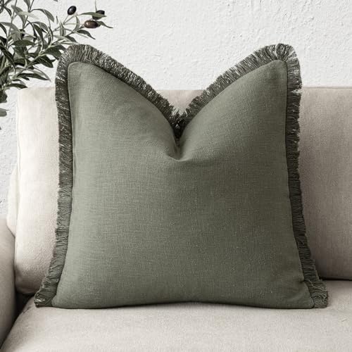 Foindtower Decorative Linen Fringe Throw Pillow Covers Cozy Boho Farmhouse Cushion Cover with Tassels Soft Accent Pillowcase for Chair Sofa Bed Living Room Home Decor, 16×16 Inch, 1PC, Olive Green - color: Olive Green, size: 16" x 16" (Pack of 1)