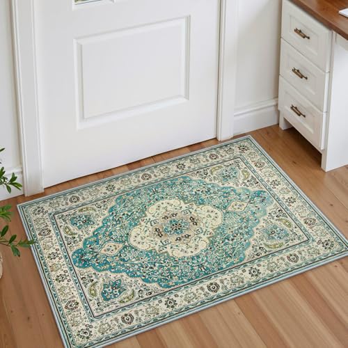 Lahome Felice Floral Medallion Area Rug - 2x3 Small Rugs for Entryway Distressed Doormat Vintage Non-Slip Washable Low-Pile Carpet for Indoor Front Entrance Kitchen Laundry Bathroom, Sky/Baby Blue - color: Sky/Baby Blue, size: 2' x 3' (Rectangular)