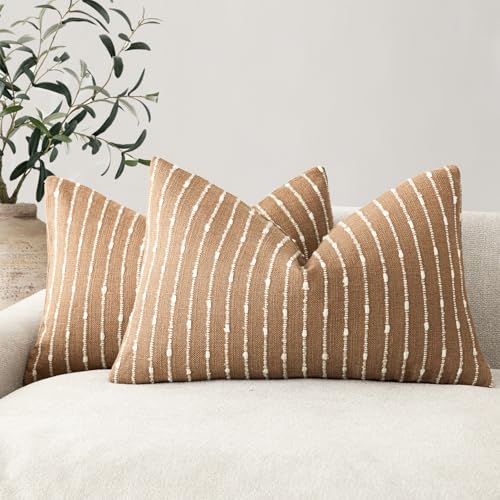 Foindtower Pack of 2 Decorative Jacquard Boucle Lumbar Throw Pillow Covers Accent Textured Striped Pillowcases Cozy Boho Cushion for Couch Sofa Bedroom Living Room Home Decor 12x20 Inch Rust Tobacco - color: Tobacco, size: 20" x 12" (Pack of 2)