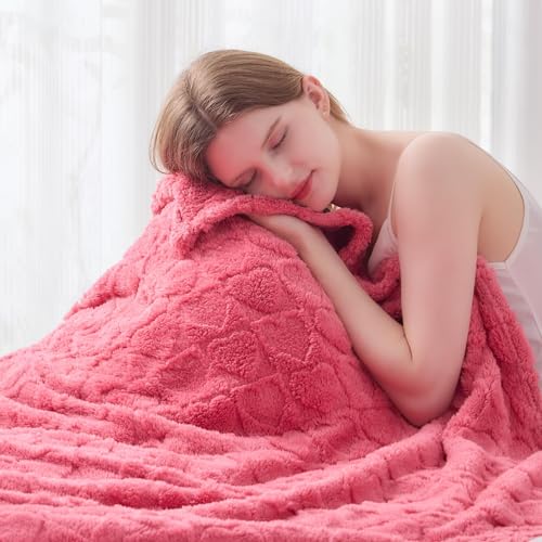 NEWCOSPLAY Super Soft Throw Blanket Coral Pink Love Premium Silky Flannel Fleece 3D Heart Checkered Lightweight Bed Blanket All Season Use (Coral Pink Love, Throw(50"x70")) - color: Coral Pink Love, size: Throw(50"x70")