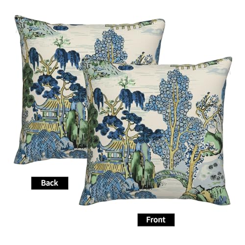 Chinoiserie Pillow Covers 18 x 18 Set of 2 Asian Scenic Throw Pillow Cover Vintage Blue and Green Farmhouse Decorative Pillowcases for Living Room Couch Bed Sofa Outdoor - color: Chinoiserie, size: 18" x 18" (Pack of 2)
