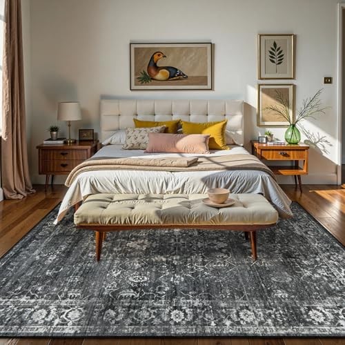 Lahome Margot 6x9 Area Rugs Washable Rugs for Bedroom Large Black Area Rug for Bedroom,Soft Vintage Distressed Rug Non Slip Stain Resistant Indoor Carpet for Dining Decor - color: Black/Grey, size: 6' x 9' (Rectangular)