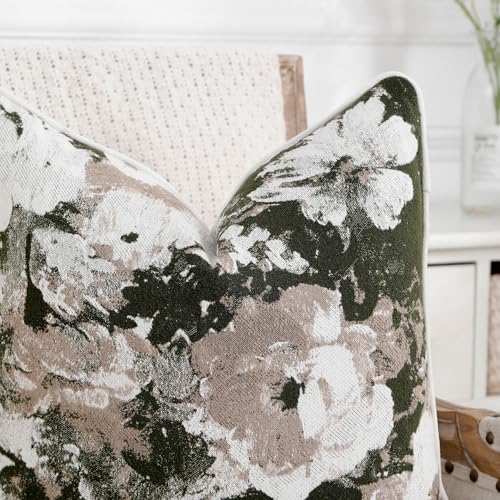 Vintage Floral Throw Pillow Covers 18x18 Set of 2 Neutral Boho Farmhouse Soft Chenille Jacquard Decorative Couch Pillow Covers for Sofa Couch Bed Living Room Home Décor Beige Green - color: Beige Green, size: 18" x 18" (Pack of 2)