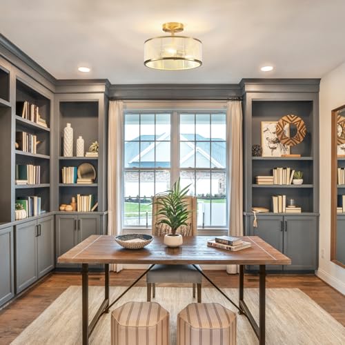 Modern Semi Flush Mount Ceiling Light, 3 Light Gold Ceiling Light with Rope Shade, Drum Light Fixture for Kitchen Bedroom Dining Room Hallway Entryway - color: Gold
