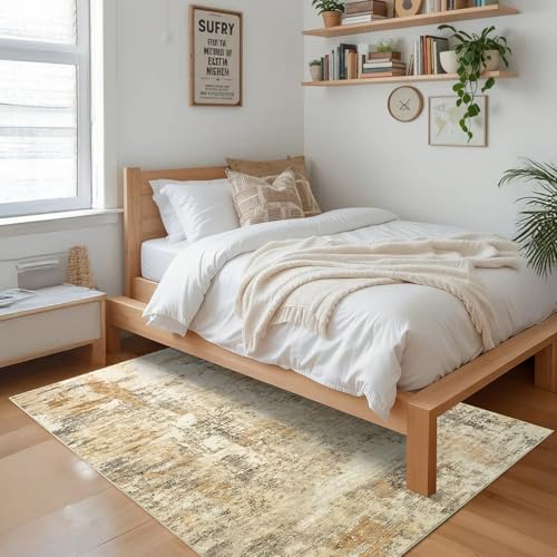 CRYPTOLITE Abstract Area Rug Washable Rug with Non-Slip Backing Low Pile Area Rugs for Living Room, Bedroom, Dining Room,4x6, Khaki - color: Abstract Original - Khaki, size: 4' x 6' (Rectangular)