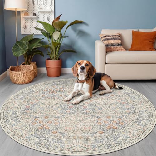 Beige Blue 6ft Round Rug for Living Room - Floral Circle Rug for Bedroom, Kids Room, Home Office, Washable Low Pile Non Slip, Pastel Blue and Green French Country Style Indoor Aesthetic Décor - color: Beige Blue, size: 6' (Round)
