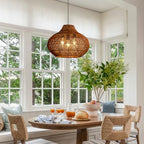 18.9IN Boho Rattan Chandelier 3-Lights Hand-Woven Rattan Pendant Light Farmhouse Wicker Dining Room Light Hanging Bamboo Pendant Light Fixture for Kitchen Island Living Room Hallway Reataurant - color: Brown-A
